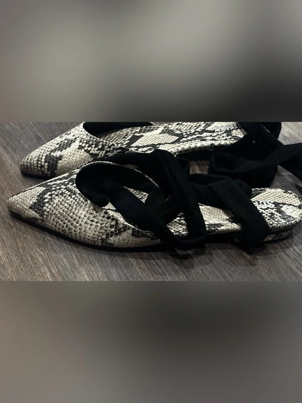NIB Schutz Barbrah Snake Print Tie Ankle Ballet Flats Black Gray 9.5 Balletcore